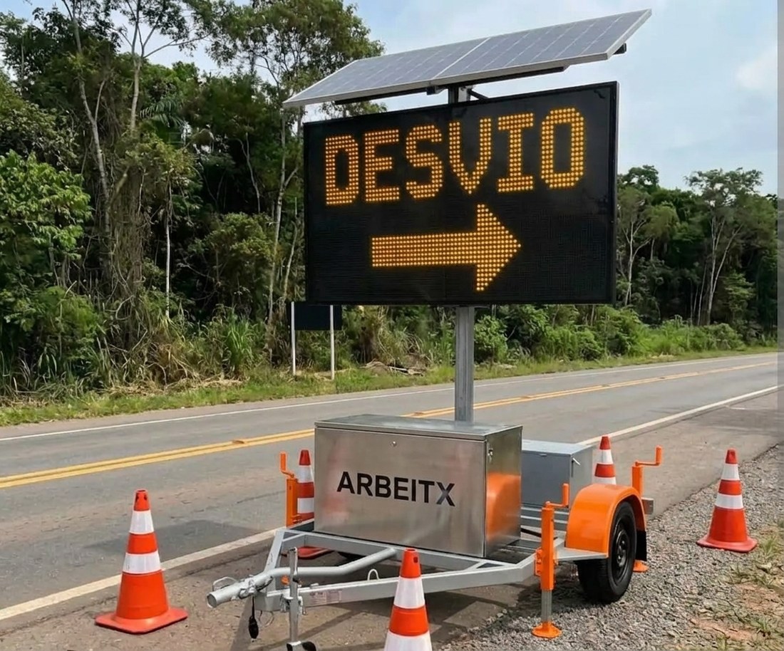 Placa de sinalização viária PMV ArbeitX sobre reboque solar, exibindo mensagem de desvio em LED